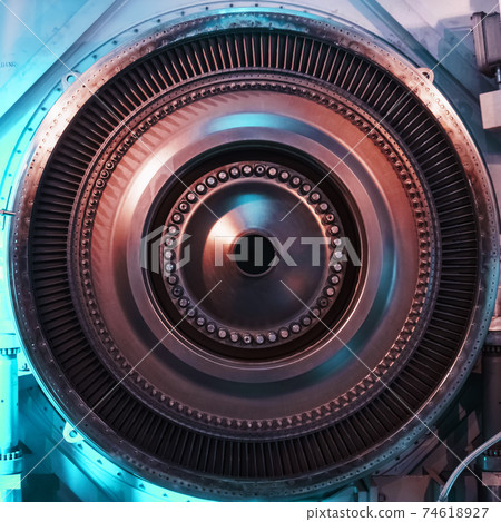A rotor disc with blades of a turbojet gas turbine engine, inside view. 74618927