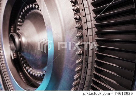 A rotor disc with blades of a turbojet gas turbine engine, inside view. A rotor disc with blades of a turbojet gas turbine engine, inside view. 74618929