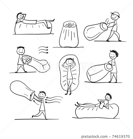Lamzac. Outdoor inflatable bed. Air Sofa. Manual. Cheerful boy fills sofa with air Lamzac. Outdoor inflatable bed. Air Sofa. Manual. Cheerful boy fills sofa with air 74619370