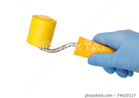 Woman holding roller on a white isolated background. Repair tool. 74620117