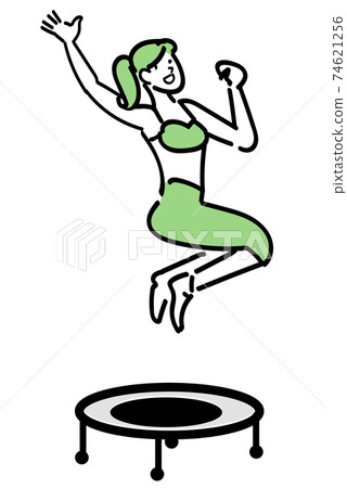 一個女人在蹦床上的空氣中採取各種姿勢 一個女人在蹦床上的空氣中採取各種姿勢 74621256