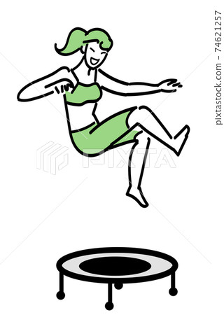 A woman taking various postures in the air on a trampoline A woman taking various postures in the air on a trampoline 74621257