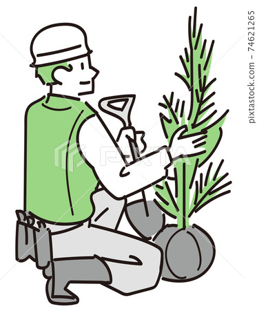 A man in the landscaping industry who is planting trees with a shovel A man in the landscaping industry who is planting trees with a shovel 74621265