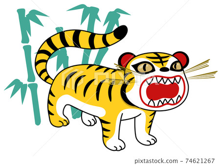 Souvenir papier-mache tiger and bamboo in the background Souvenir papier-mache tiger and bamboo in the background 74621267