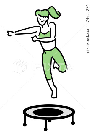 A woman taking various postures in the air on a trampoline 74621274