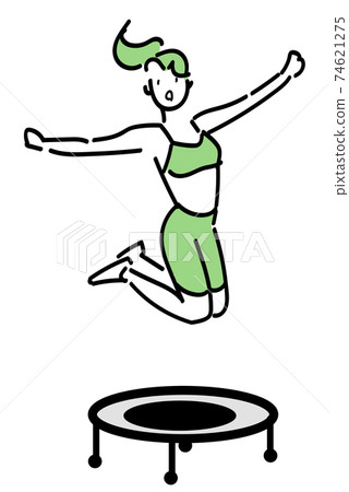 A woman taking various postures in the air on a trampoline 74621275