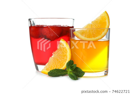 Glasses of strawberry and orange jelly isolated on white background Glasses of strawberry and orange jelly isolated on white background 74622721