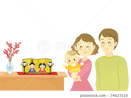 插圖資料：Hinamatsuri：一個三口之家，媽媽在這裡抱著一個嬰兒，與父親慶祝第一個節日。 74623510