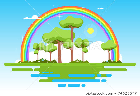 Beautiful Floating Landscape Rainbow Summer Nature Illustration Beautiful Floating Landscape Rainbow Summer Nature Illustration 74623677