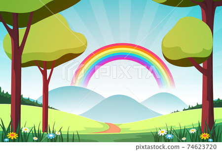 Beautiful Rainbow in Summer Nature Landscape Scenery Illustration Beautiful Rainbow in Summer Nature Landscape Scenery Illustration 74623720