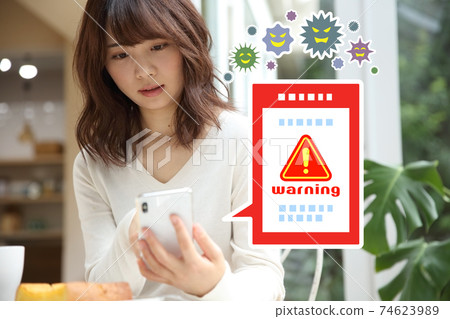 Image of a woman who is in trouble because her smartphone is infected with a virus Image of a woman who is in trouble because her smartphone is infected with a virus 74623989