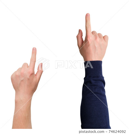 Hand of a caucasian and in a sweater with a forefinger isolated 74624092