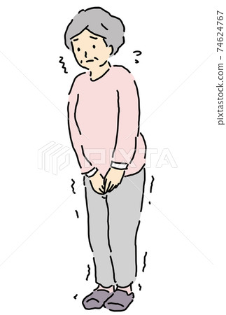 Illustration of a senior woman putting up with the toilet 74624767