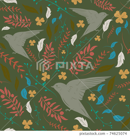 Seamless floral pattern with birds - Stock Illustration [74625074] - PIXTA