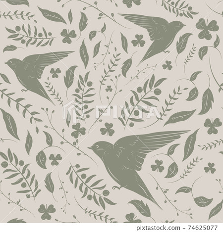 Seamless floral pattern with birds - Stock Illustration [74625077] - PIXTA