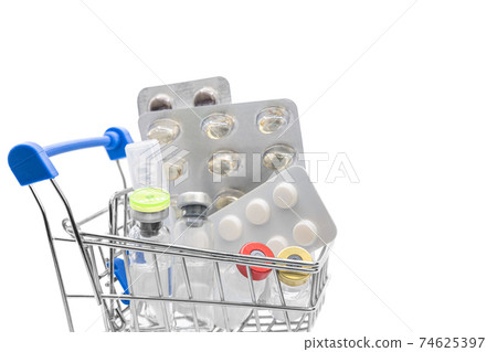 Medicine, vitamins and antioxidant supplements in trolley or shopping cart on white background. Vaccination, health and treatment concept 74625397