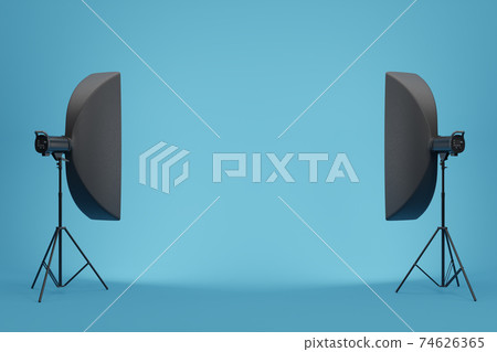 Photo studio lighting stands with flash and softbox on the blue background Photo studio lighting stands with flash and softbox on the blue background 74626365