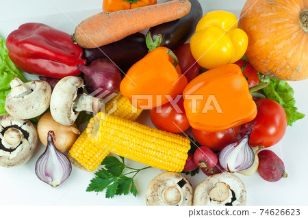 sweet pepper,eggplant,tomato and corn.isolated on a white background. sweet pepper,eggplant,tomato and corn.isolated on a white background. 74626623