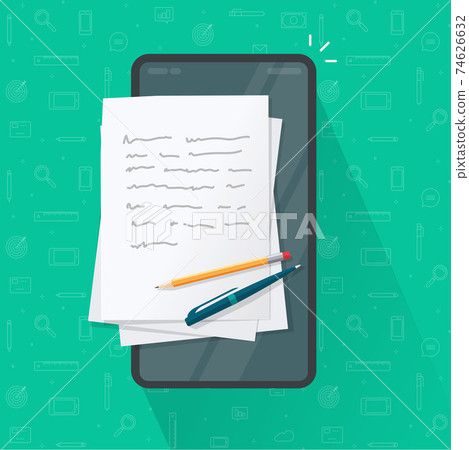 Writing article or letter on mobile cell phone, storytelling content creation, writer notepad or notebook app vector flat cartoon illustration, concept of digital copywriting online on smartphone Writing article or letter on mobile cell phone, storytelling content creation, writer notepad or notebook app vector flat cartoon illustration, concept of digital copywriting online on smartphone 74626632