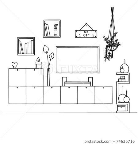 A sketch of a television room. TV furniture, other interior elements. Vector 74626716