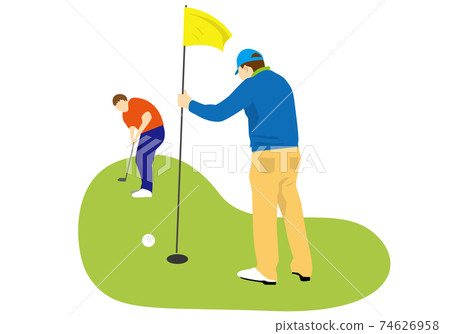 Male golfer putting on the green and accompanying golfer with a pin (no background) 74626958