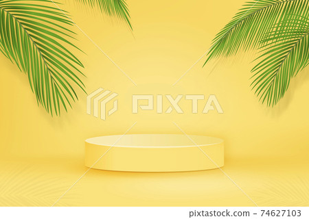 3D stage podium mockup with palm leave for product placement in tropical concept 3D stage podium mockup with palm leave for product placement in tropical concept 74627103