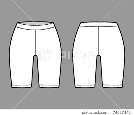 Bike shorts technical fashion illustration with low waist, rise, thigh length. Flat sport training pants casual trousers 74627341