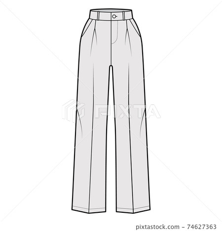 Pants tailored technical fashion illustration with extended normal waist, rise, full length, slant, flap pockets 74627363