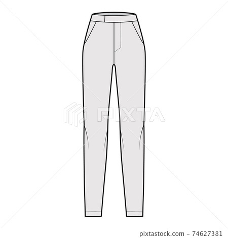 Pants cigarette technical fashion illustration with extended normal low waist, high rise, full length, slant pockets 74627381