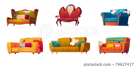 Old dirty couches with torn upholstery and springs 74627417