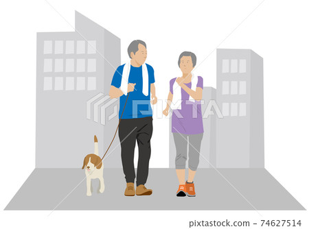 An elderly couple walking with a dog for a walk (with background) 74627514