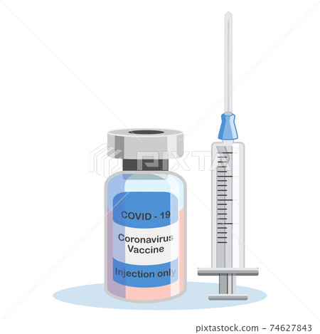 Covid-19 Coronavirus concept. vaccine vial and syringe. pandemic covid-19 outbreak. isolated icon. flat 74627843