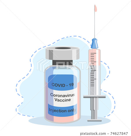 Covid-19 Coronavirus concept. vaccine vial and syringe. pandemic covid-19 outbreak. isolated icon. flat 74627847