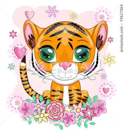 Cute cartoon tiger with beautiful eyes, bright, orange for greeting cards 74627864