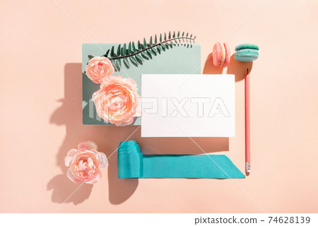 Festive geometric mockup composition for greeting invitation, greeting card with flowers in pastel colors Festive geometric mockup composition for greeting invitation, greeting card with flowers in pastel colors 74628139