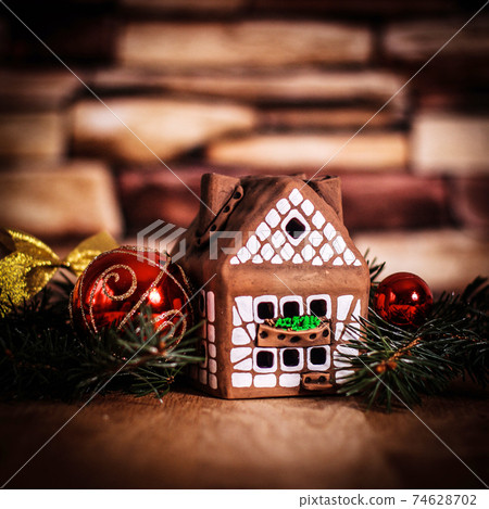 gingerbread house,Christmas balls. the concept of the celebrati 74628702