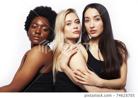 diverse multi nation girls group, teenage friends company cheerful having fun, happy smiling, cute posing isolated on white background, lifestyle people concept, african-american, asian and caucasian 74628785