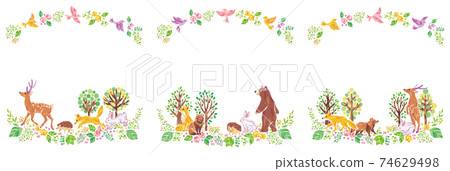Plants and animals such as trees, flowers and grass Illustration frame set ① Plants and animals such as trees, flowers and grass Illustration frame set ① 74629498