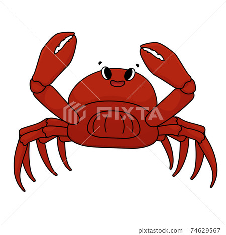 Red crab is smiling, claws are apart at the top, crustacean has a positive attitude. Cartoon outline Vector doodle isolated animal on white background. 74629567