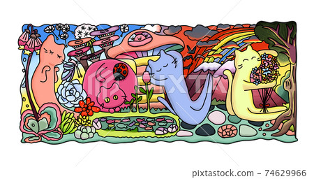 與自然和自然界豐富的星球共存的貓的插圖 74629966