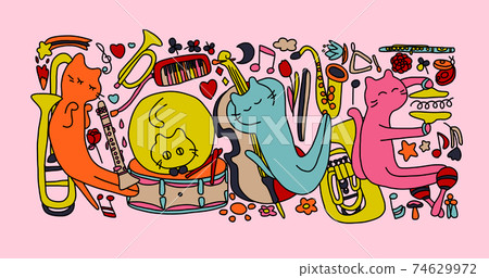 Various musical instruments and music-loving cats Illustrations of colorful cats making the letters LOVE Various musical instruments and music-loving cats Illustrations of colorful cats making the letters LOVE 74629972