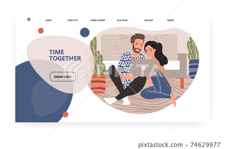 Happy couple sit on a floor and watch movie on laptop at home. Concept illustration. Vector web site design template. Landing page website illustration. Happy couple sit on a floor and watch movie on laptop at home. Concept illustration. Vector web site design template. Landing page website illustration. 74629977