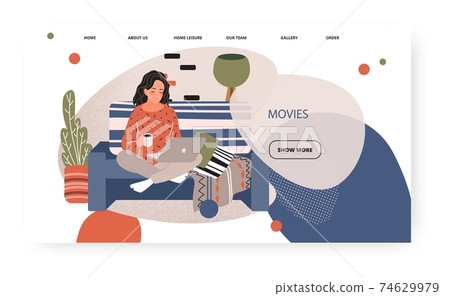Young girl work with laptop sitting on sofa and drink coffee. Freelancer home office concept illustration. Vector web site design template. Landing page website illustration. Young girl work with laptop sitting on sofa and drink coffee. Freelancer home office concept illustration. Vector web site design template. Landing page website illustration. 74629979