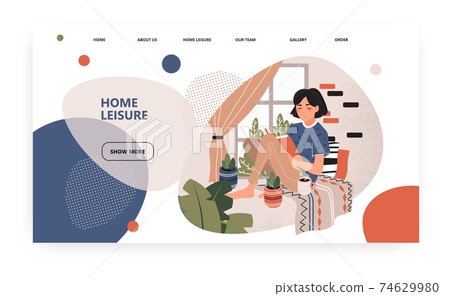 Young girl reading book and drinks coffee next to window at home. Cozy interior. Concept illustration. Vector web site design template. Landing page website illustration. Young girl reading book and drinks coffee next to window at home. Cozy interior. Concept illustration. Vector web site design template. Landing page website illustration. 74629980