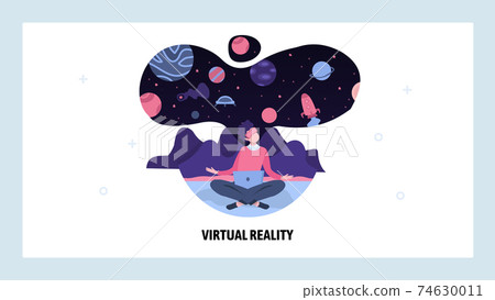 Man in virtual reality VR glasses imagine outer space. VR technology digital device. Vector web site design template. Landing page website concept illustration 74630011