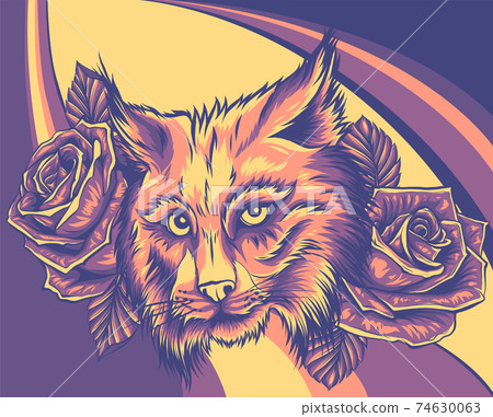 Vector illustration of lynx face with roses. 74630063