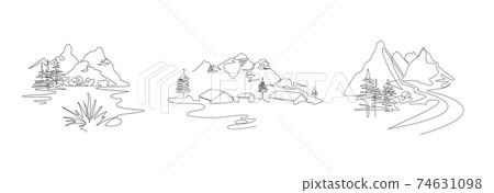 Mountain landscape, drawn in one line. Continuous line. Travels. Minimalistic graphics. Mountains and spruce. Mountain landscape, drawn in one line. Continuous line. Travels. Minimalistic graphics. Mountains and spruce. 74631098