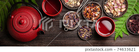 Various herbal tea, teapot and cup 74633621