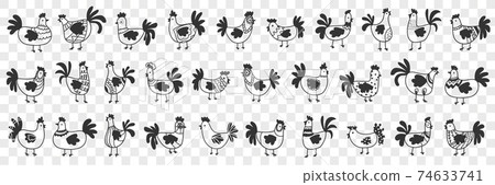 Hens and roosters doodle set 74633741