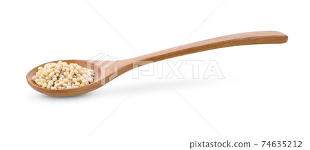 pile of pearl barley in wood spoon on white background 74635212